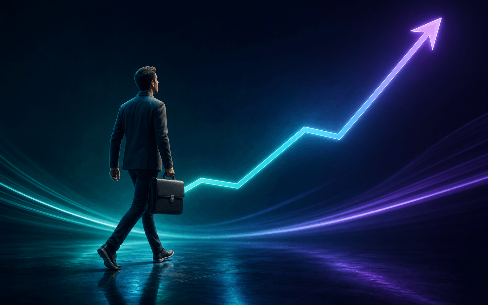 Founder carrying a briefcase with an upward growth arrow